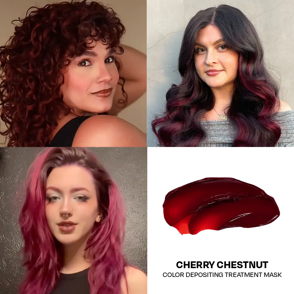 Four women with different hair colors and a cherry chestnut color depositing treatment mask.