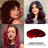 Four women with different hair colors and a cherry chestnut color depositing treatment mask.