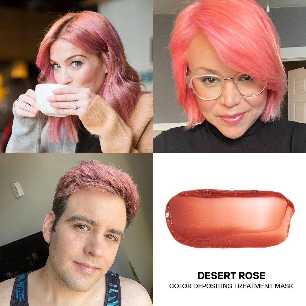 Collage of a woman with pink hair drinking coffee, wearing glasses, and smiling, with a Desert Rose hair mask product image.