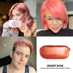 Collage of a woman with pink hair drinking coffee, wearing glasses, and smiling, with a Desert Rose hair mask product image.
