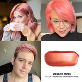 Collage of a woman with pink hair drinking coffee, wearing glasses, and smiling, with a Desert Rose hair mask product image.