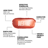 Overtone hair product packaging with features listed on a white background