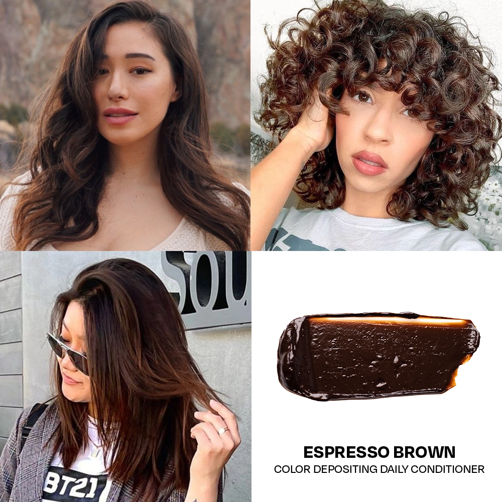 Collage of women with different hairstyles and an espresso brown color depositing product.