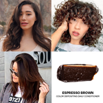 Collage of women with different hairstyles and an espresso brown color depositing product.