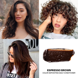 Collage of women with different hairstyles and an espresso brown color depositing product.