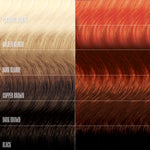 Hair color swatches including platinum blonde, golden blonde, dark blonde, copper brown, dark brown, and black.