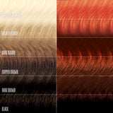 Hair color swatches including platinum blonde, golden blonde, dark blonde, copper brown, dark brown, and black.
