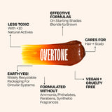 Hair color product with descriptive text on a light background