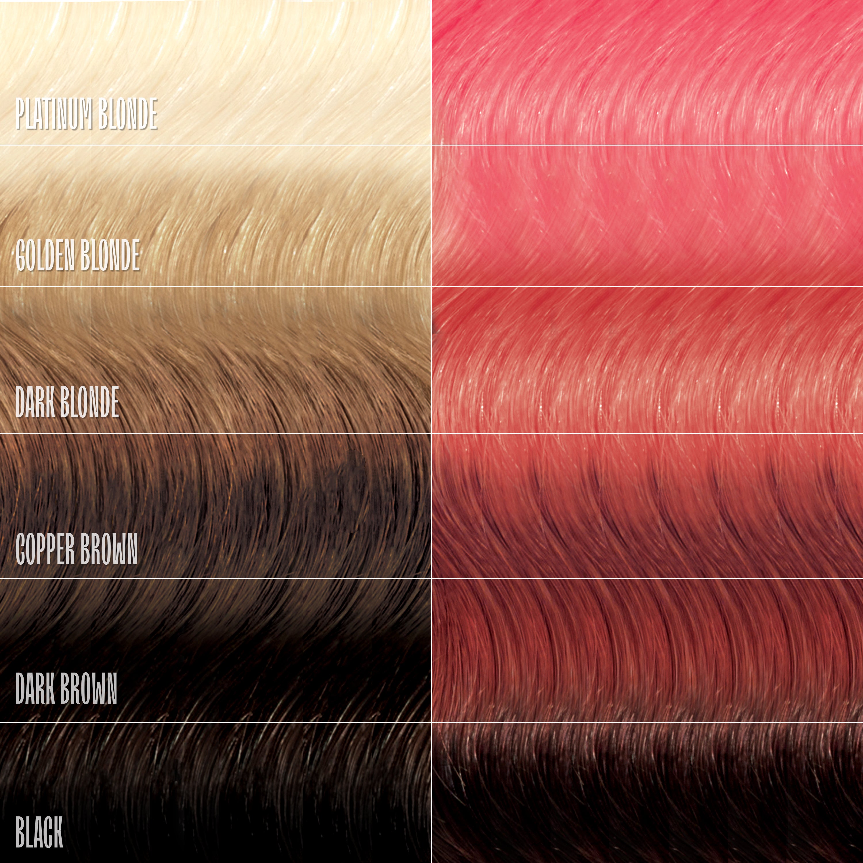 Hair color swatches with labels including Platinum Blonde, Golden Blonde, Dark Blonde, Copper Brown, Dark Brown, and Black.