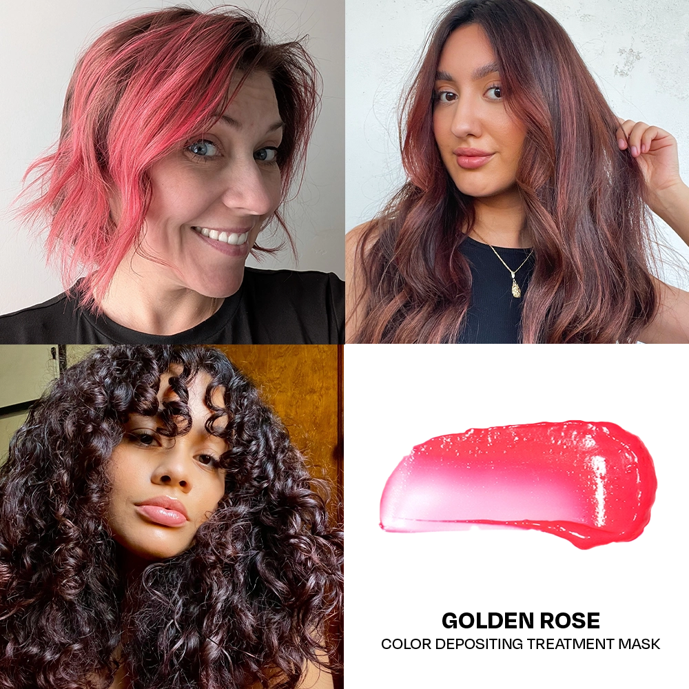 Collage of women with styled hair and a Golden Rose color depositing treatment mask.