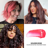 Collage of women with styled hair and a Golden Rose color depositing treatment mask.