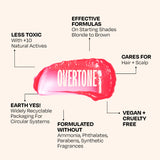Red hair dye swatch with text highlighting product features