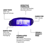 Overtone hair color benefits graphic highlighting vegan, cruelty-free, less toxic formula, sustainable packaging, and no harsh chemicals