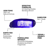 Overtone hair color benefits graphic highlighting vegan, cruelty-free, less toxic formula, sustainable packaging, and no harsh chemicals