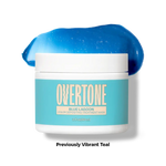 Overtone Blue Lagoon treatment mask jar with blue paste on a white background