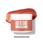 Overtone Desert Rose color depositing treatment mask jar with a swatch of red color on a white background.