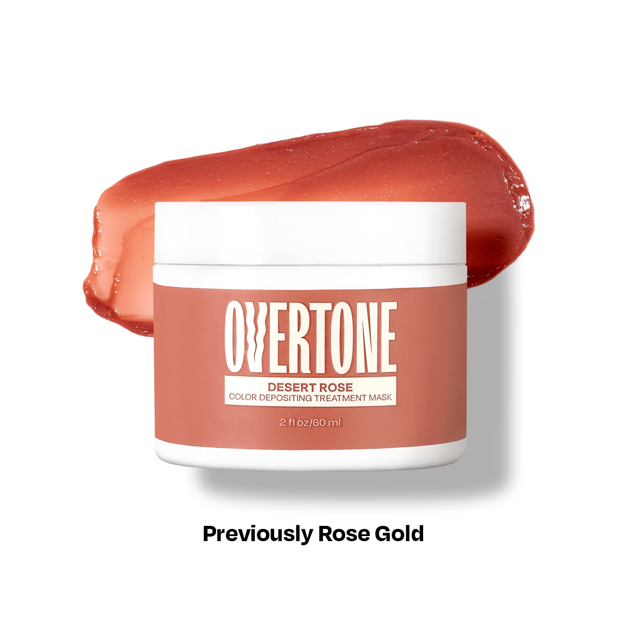 Overtone Desert Rose color depositing treatment mask jar with a swatch of red color on a white background.
