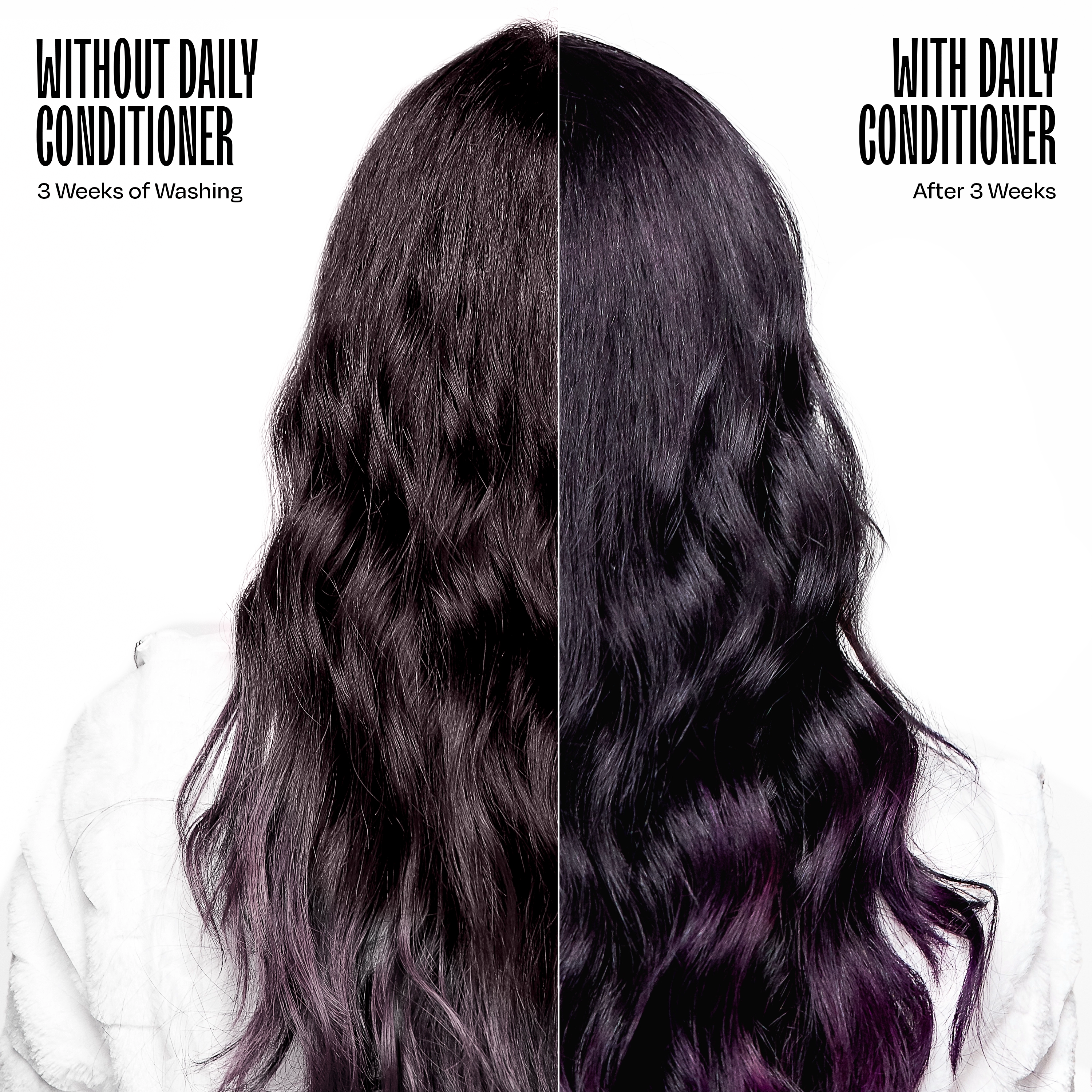 Comparison of curly hair with and without daily conditioner over 3 weeks.