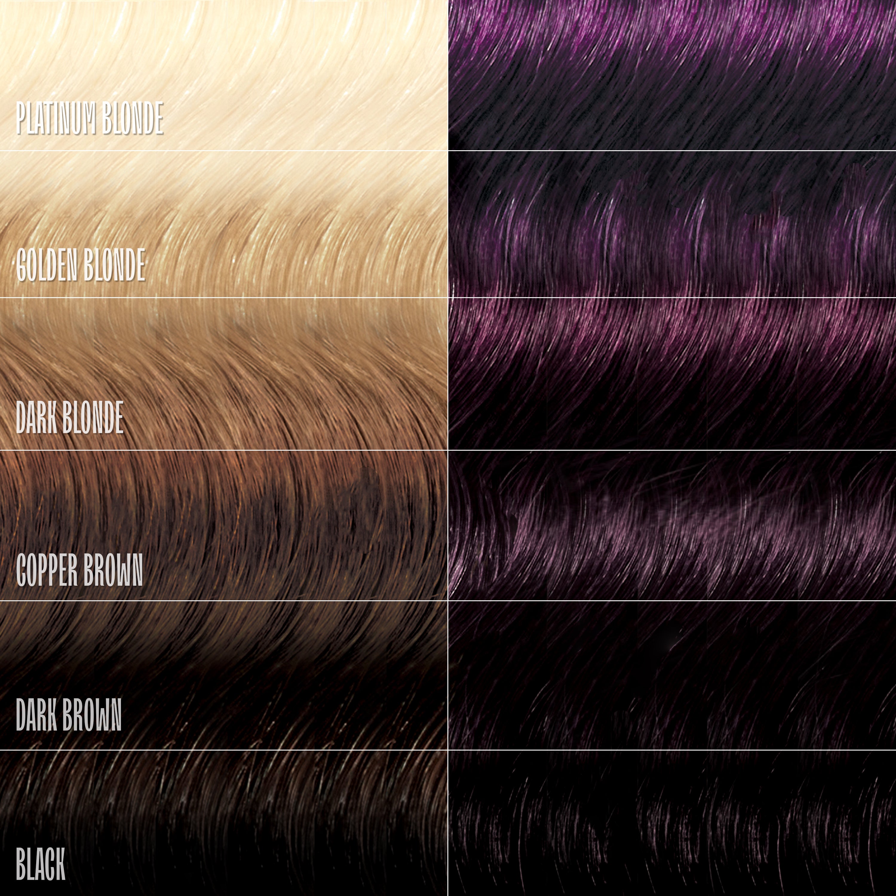 Hair color swatches including platinum blonde, golden blonde, dark blonde, copper brown, dark brown, and black.