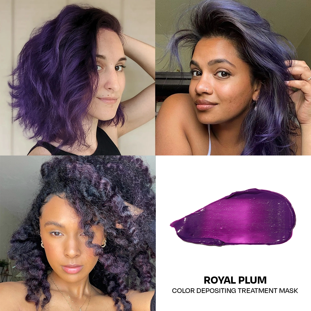 Three women with purple hair and a close-up of a Royal Plum color depositing treatment mask.
