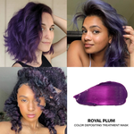 Three women with purple hair and a close-up of a Royal Plum color depositing treatment mask.