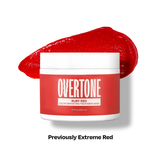Overtone Ruby Red color depositing treatment mask jar with a red lip stain on a white background