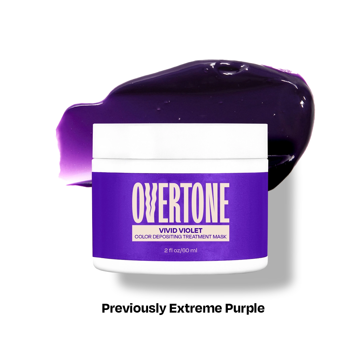 Overtone Vivid Violet color depositing treatment mask jar with purple color swatch on a white background