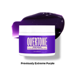 Overtone Vivid Violet color depositing treatment mask jar with purple color swatch on a white background