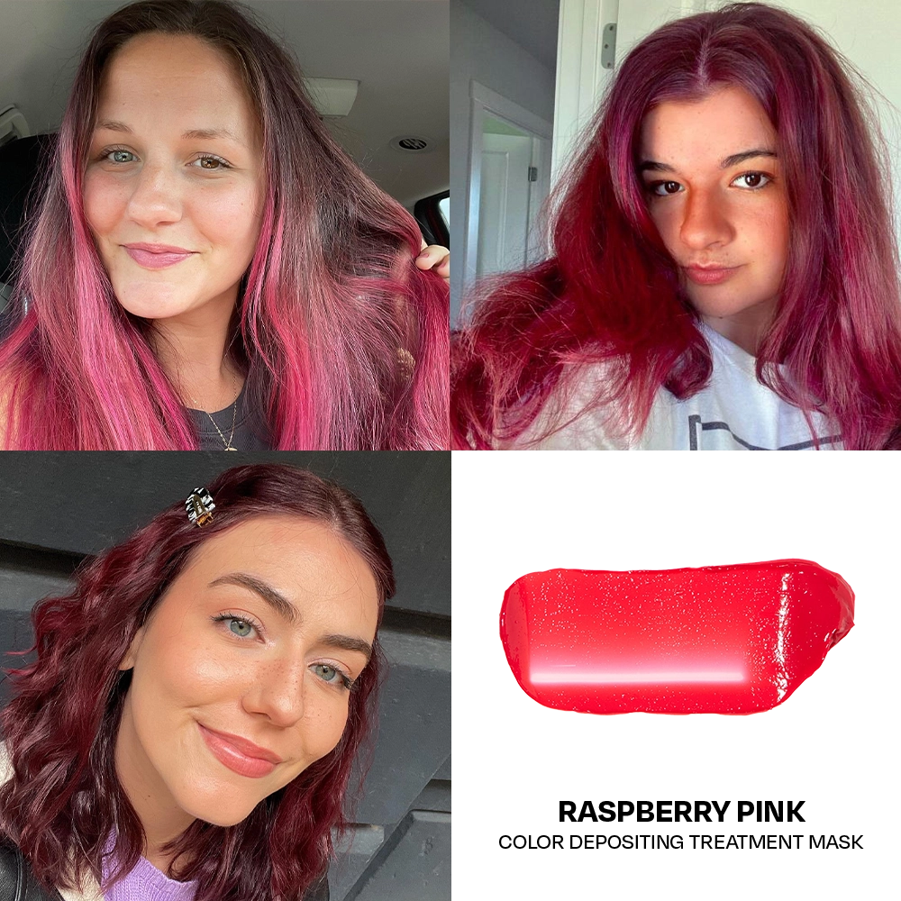Collage of a woman with raspberry pink hair and a close-up of the hair color mask.
