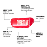 Overtone hair color benefits graphic highlighting vegan, cruelty-free, less toxic formula, sustainable packaging, and no harsh chemicals