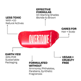 Overtone hair color benefits graphic highlighting vegan, cruelty-free, less toxic formula, sustainable packaging, and no harsh chemicals