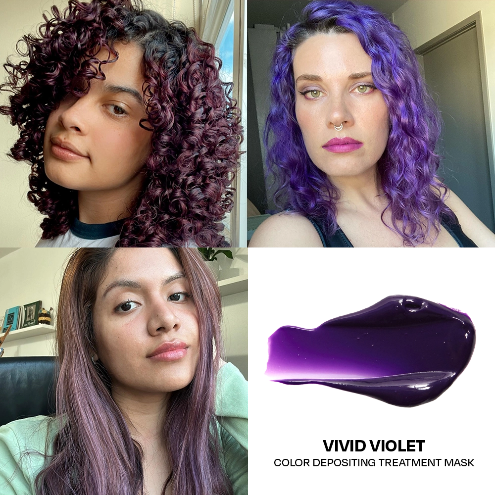 Three women with purple hair and a close-up of a Vivid Violet color depositing treatment mask.