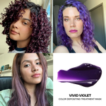 Three women with purple hair and a close-up of a Vivid Violet color depositing treatment mask.