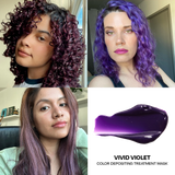 Three women with purple hair and a close-up of a Vivid Violet color depositing treatment mask.