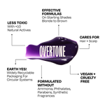 Overtone hair product with features listed on a white background