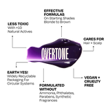 Overtone hair product with features listed on a white background