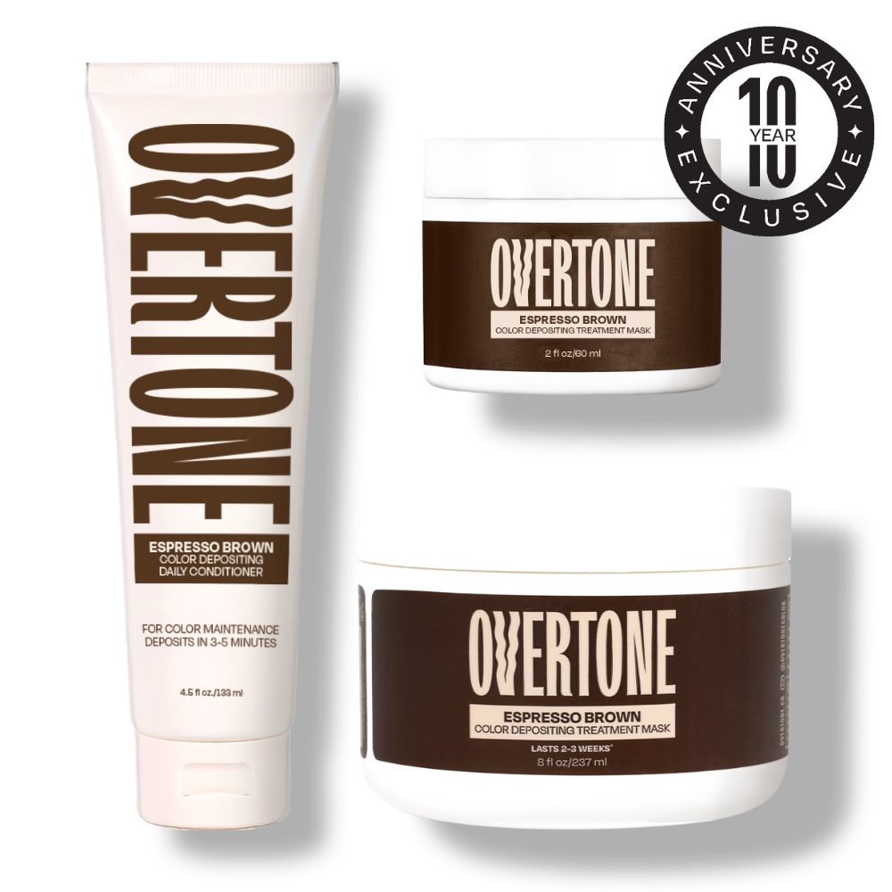Overtone Espresso Brown hair care products on a white background with a 10th anniversary badge.