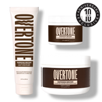 Overtone Espresso Brown hair care products on a white background with a 10th anniversary badge.