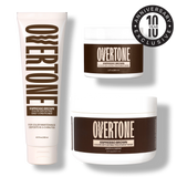 Overtone Espresso Brown hair care products on a white background with a 10th anniversary badge.