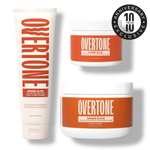 Overtone hair care products with a 10-year anniversary badge on a white background