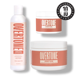 Overtone Desert Rose hair care set with bottle and two jars on white background with 10-year anniversary badge