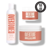 Overtone Desert Rose hair care set with bottle and two jars on white background with 10-year anniversary badge