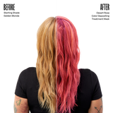Before and after comparison of hair color from light blonde to soft rose pink using Overtone Desert Rose treatment mask