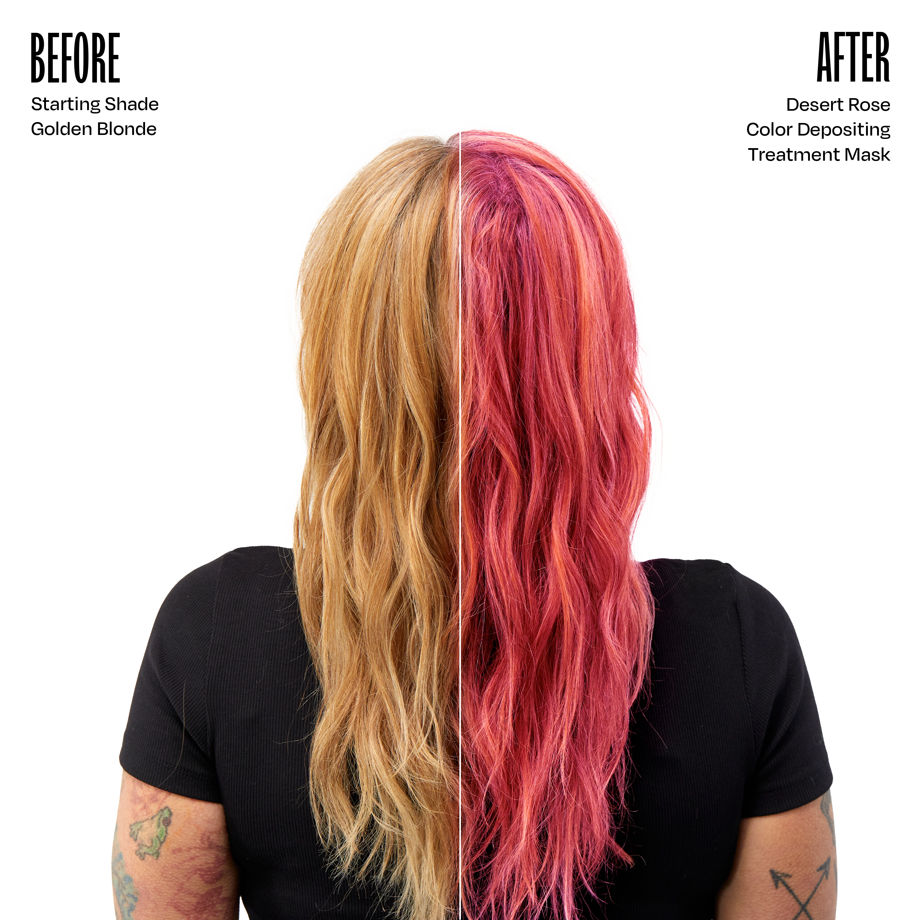 Before and after comparison of hair color from light blonde to soft rose pink using Overtone Desert Rose treatment mask
