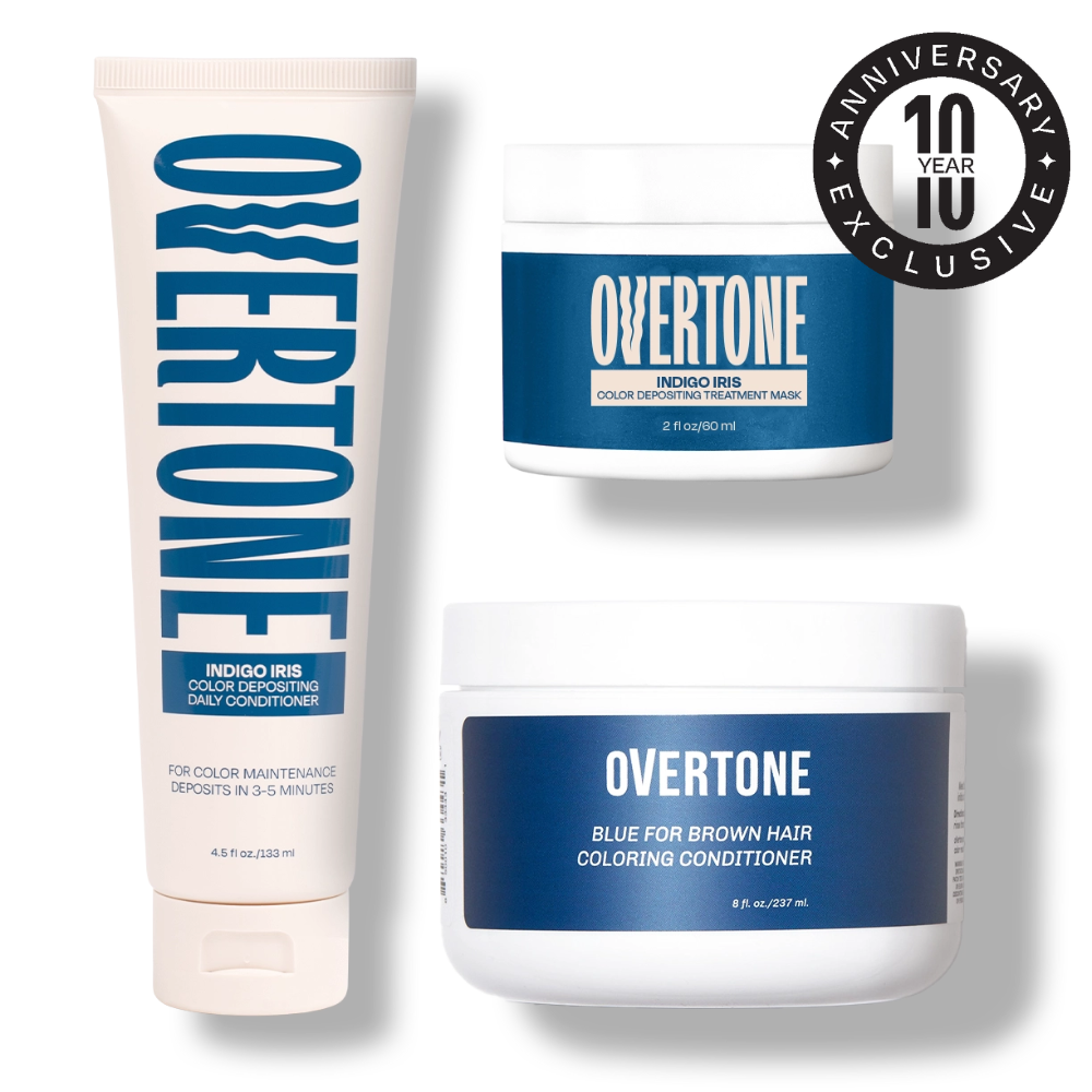 Overtone hair care products on a white background with a 10th anniversary badge.