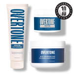 Overtone hair care products on a white background with a 10th anniversary badge.