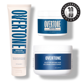 Overtone hair care products on a white background with a 10th anniversary badge.