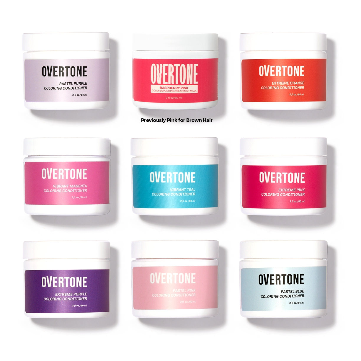 Grid of nine Overtone coloring conditioner jars in various shades including pastel purple, vibrant pink, extreme orange, vibrant magenta, vibrant teal, extreme pink, extreme purple, pastel pink, and pastel blue, each in a white jar with colored labels matching the hair dye shade