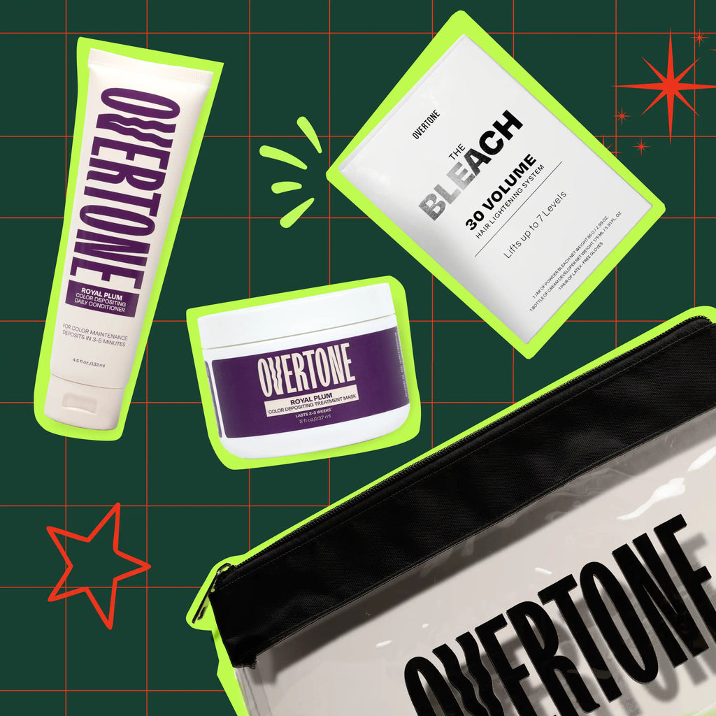 Overtone hair care products on a green grid background with red stars.