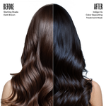 Before and after comparison of hair color treated with a color depositing treatment mask.